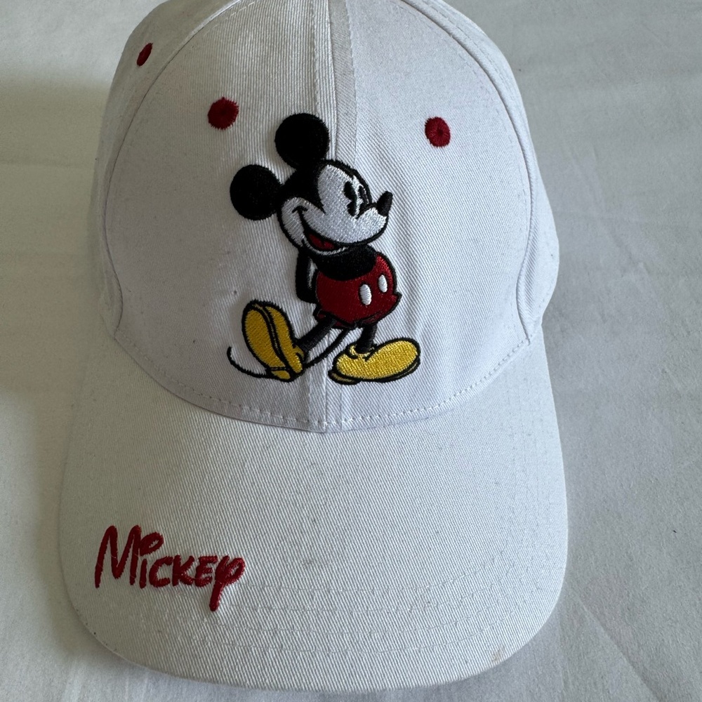 White Mickey Mouse Cap with Red and Yellow Accents
